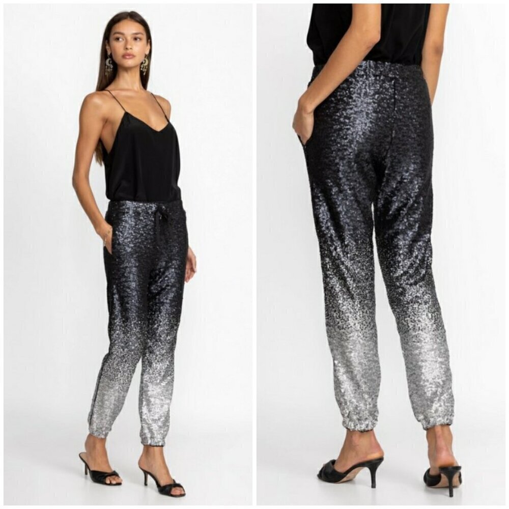 💕JOHNNY WAS💕 Sequin Black Simona Jogger Pants Ombre Black Silver Sequin XL NWT